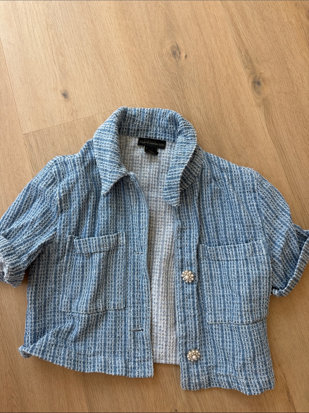 House of Harlow XS Boxy Blue Tweed Short Jacket with Pearl Buttons